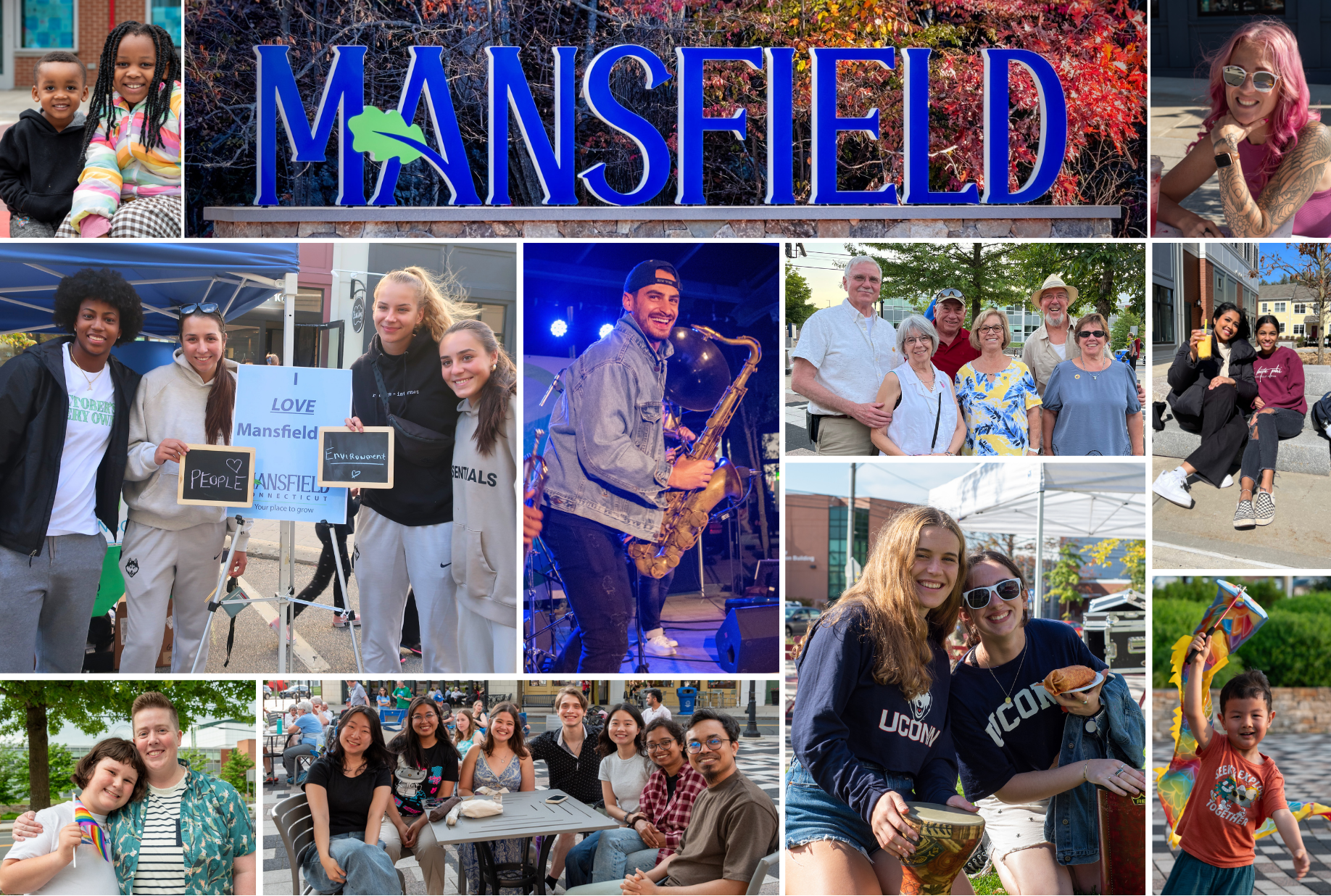 Collage of photos of smiling folks of all ages with the Town of Mansfield gateway sign at the top