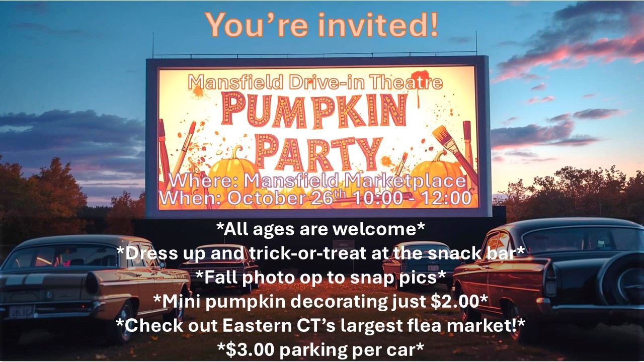 Illustration of a drive-in movie theater screen with text announcing a Pumpkin Party