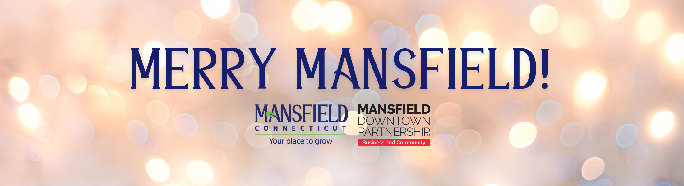 The words "Merry Mansfield" appear over the Town of Mansfield & Mansfield Downtown Partnership