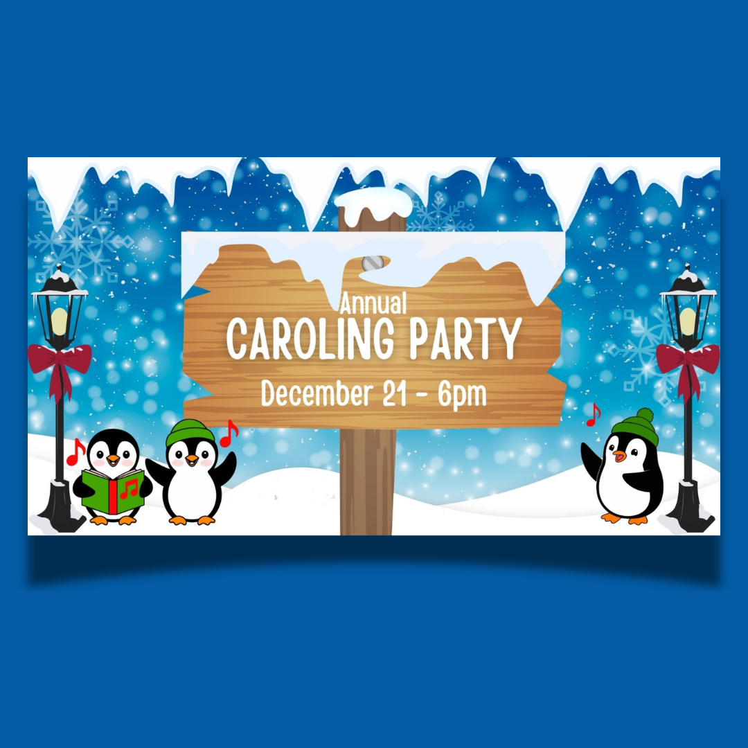 Illustration of penguins standing in snow and singing next to a sign announcing a Caroling Party