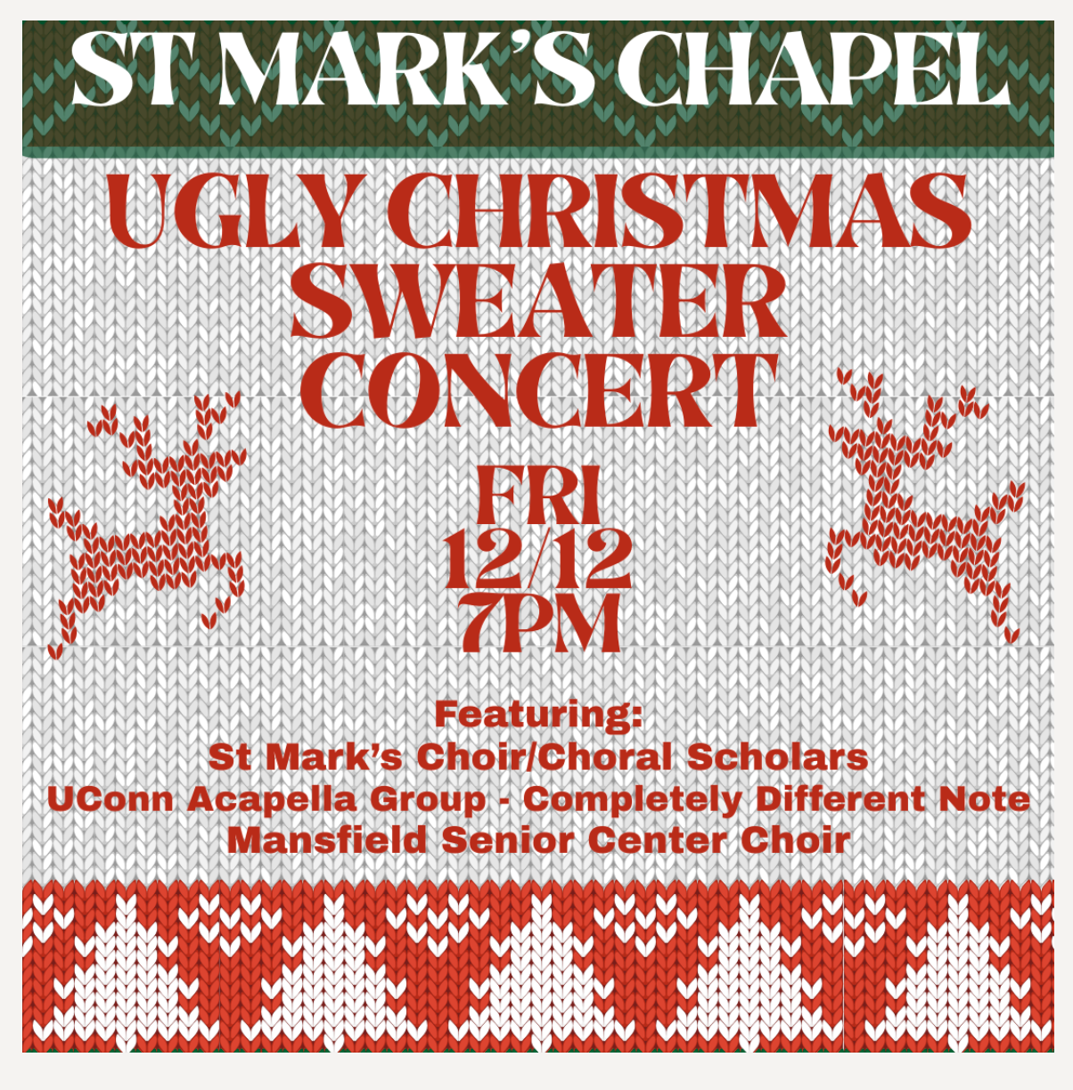 Decorative text, made to look like a knitted sweater, promoting a Christmas concert