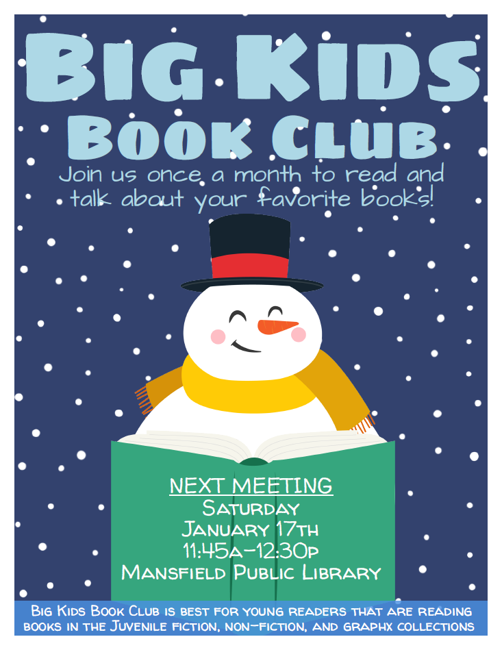 Big Kids Book Club flyer with cartoon snowman reading a book