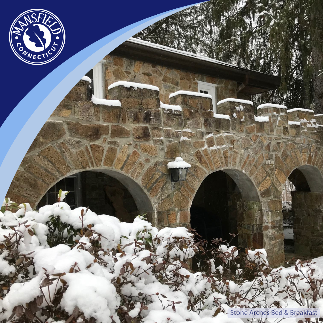 Snow covers evergreen shrubs and the grounds around Stones Arches Bed and Breakfast