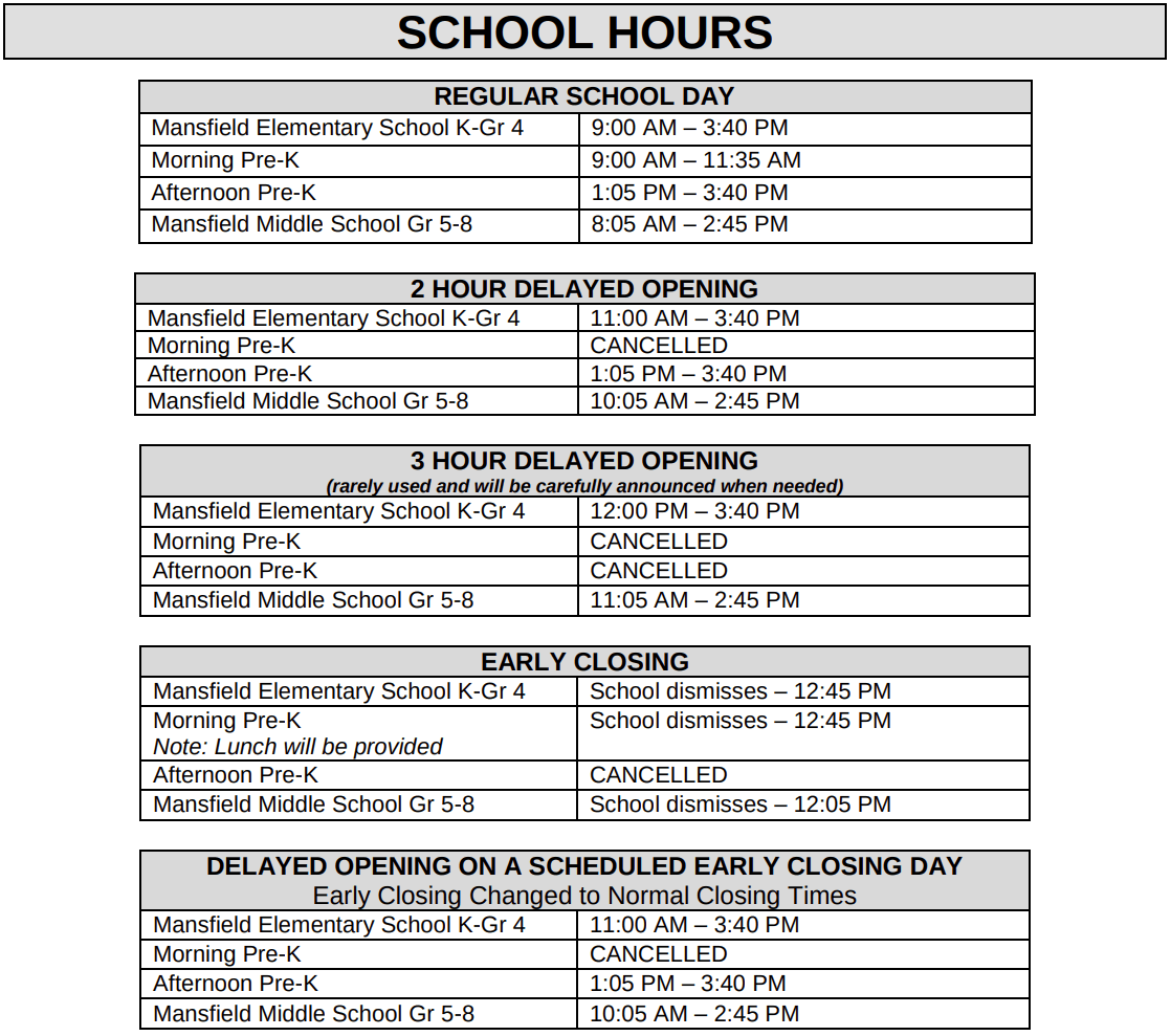 Mansfield Public Schools School Hours 2023-2024
